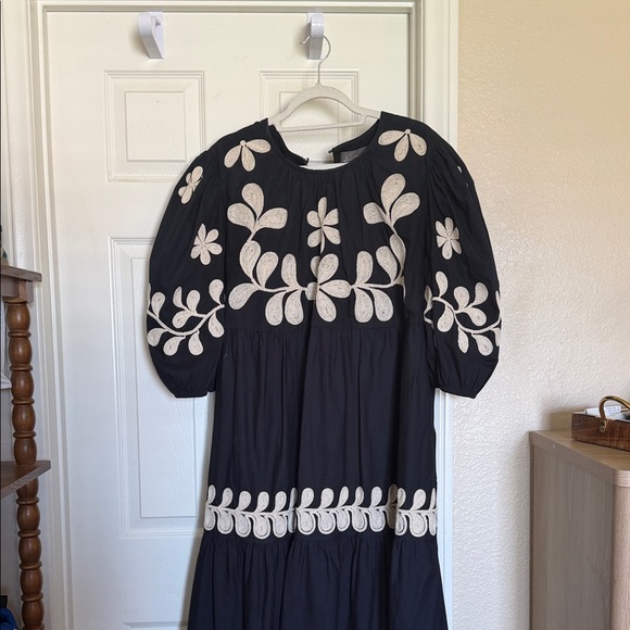 Anthropologie Dresses & Skirts - Anthropologie Black dress w/ Cream Rope-Style Floral Embroidery